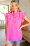 Explore More Collection - Hot Pink Textured Ruffle Mock Neck Button Down Top