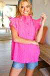 Explore More Collection - Hot Pink Textured Ruffle Mock Neck Button Down Top