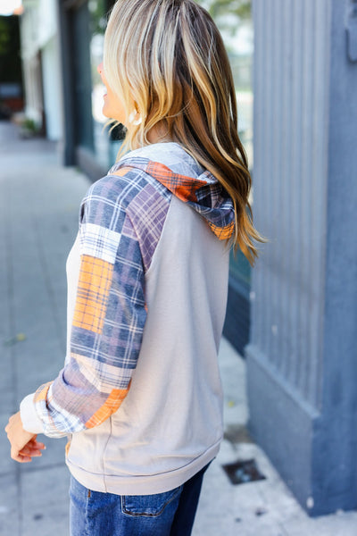 Explore More Collection - Orange & Taupe Plaid Terry Kangaroo Pocket Hoodie