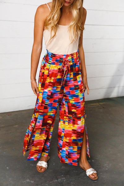 Explore More Collection - Multicolor Kaleidoscope Smocked Waist Slit Palazzo Pants