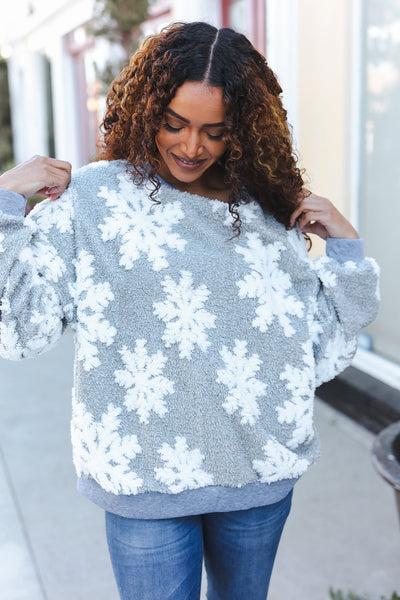 Explore More Collection - Season Greetings Silver Puffy Snowflake Sherpa Pullover