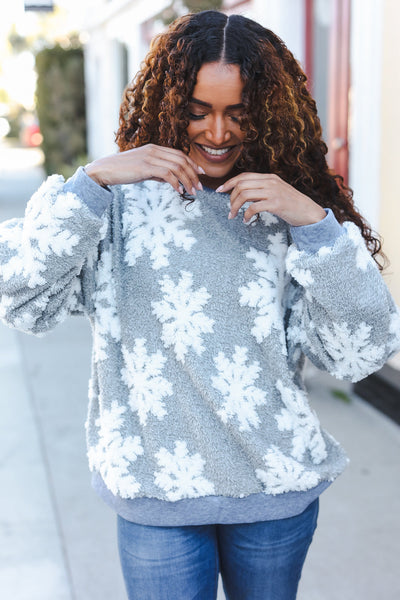 Explore More Collection - Season Greetings Silver Puffy Snowflake Sherpa Pullover