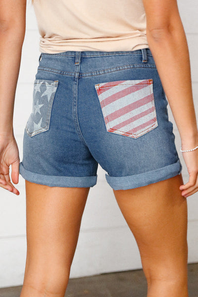 Explore More Collection - Button Down Cuffed Hem Patriotic Pocket Shorts