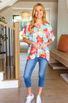 Explore More Collection - Aqua & Coral Floral V Neck Woven Top