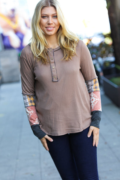 Explore More Collection - All For You Taupe Thermal Button Down Colorblock Top