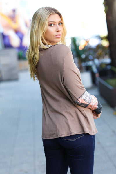 Explore More Collection - All For You Taupe Thermal Button Down Colorblock Top