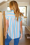 Explore More Collection - Happy Thoughts Sky Blue Striped Frill Button Down Top