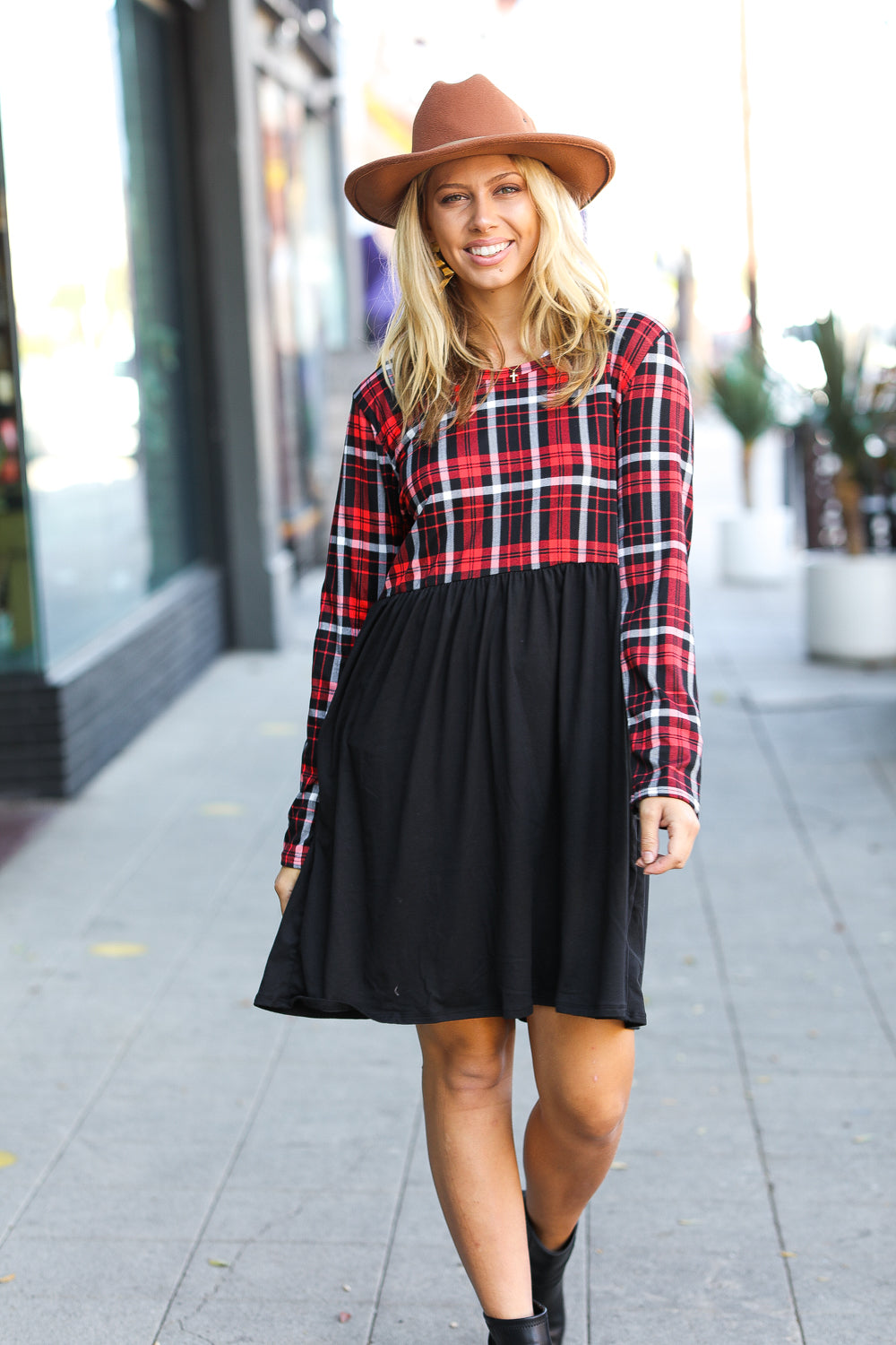 Explore More Collection - Holiday Plaid Twofer Babydoll Dress
