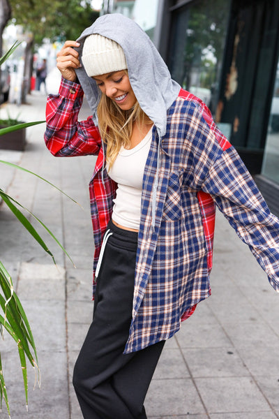 Explore More Collection - Main Attraction Red & Navy Plaid Color Block Button Down Hoodie