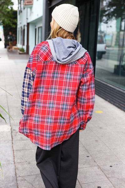 Explore More Collection - Main Attraction Red & Navy Plaid Color Block Button Down Hoodie