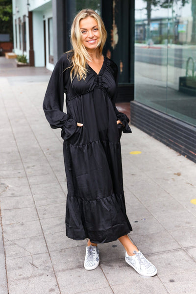 Explore More Collection - Elegant Black Elastic V Neck Tiered Satin Maxi Dress