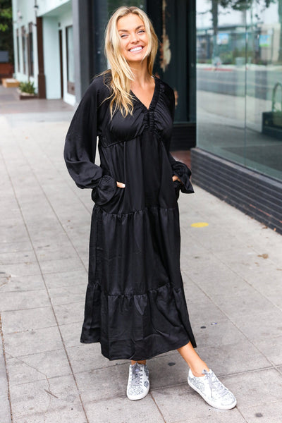 Explore More Collection - Elegant Black Elastic V Neck Tiered Satin Maxi Dress