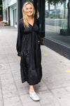 Explore More Collection - Elegant Black Elastic V Neck Tiered Satin Maxi Dress