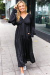 Explore More Collection - Elegant Black Elastic V Neck Tiered Satin Maxi Dress