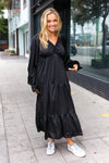 Explore More Collection - Elegant Black Elastic V Neck Tiered Satin Maxi Dress