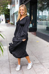 Explore More Collection - Elegant Black Elastic V Neck Tiered Satin Maxi Dress