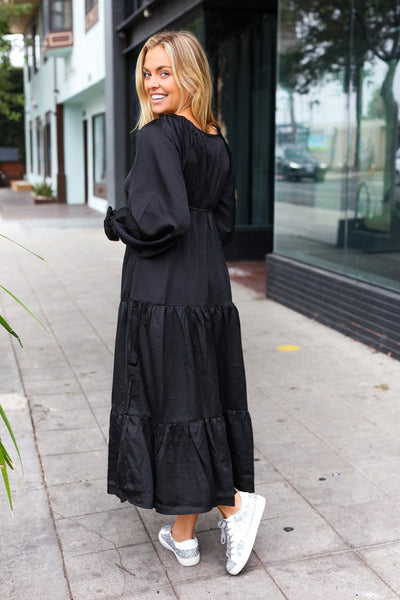 Explore More Collection - Elegant Black Elastic V Neck Tiered Satin Maxi Dress