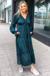 Explore More Collection - Elegant Hunter Green Elastic V Neck Tiered Satin Maxi Dress