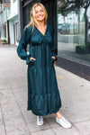 Explore More Collection - Elegant Hunter Green Elastic V Neck Tiered Satin Maxi Dress