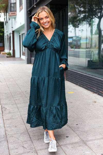 Explore More Collection - Elegant Hunter Green Elastic V Neck Tiered Satin Maxi Dress