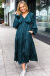 Explore More Collection - Elegant Hunter Green Elastic V Neck Tiered Satin Maxi Dress