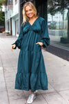 Explore More Collection - Elegant Hunter Green Elastic V Neck Tiered Satin Maxi Dress