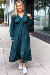 Explore More Collection - Elegant Hunter Green Elastic V Neck Tiered Satin Maxi Dress