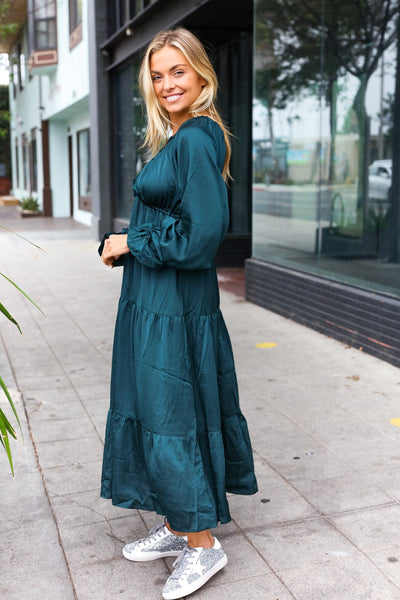 Explore More Collection - Elegant Hunter Green Elastic V Neck Tiered Satin Maxi Dress