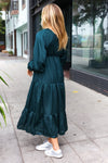 Explore More Collection - Elegant Hunter Green Elastic V Neck Tiered Satin Maxi Dress