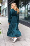 Explore More Collection - Elegant Hunter Green Elastic V Neck Tiered Satin Maxi Dress