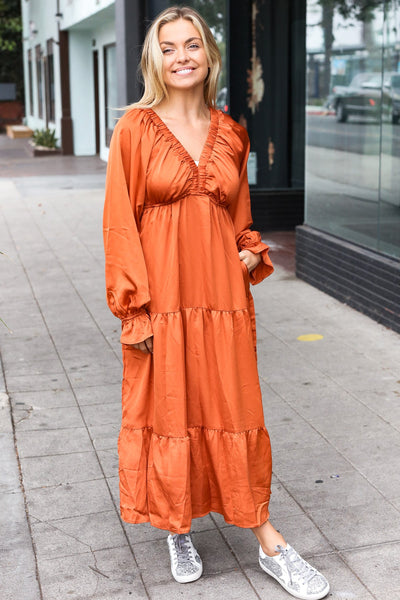 Explore More Collection - Elegant Rust Elastic V Neck Tiered Satin Maxi Dress