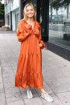 Explore More Collection - Elegant Rust Elastic V Neck Tiered Satin Maxi Dress