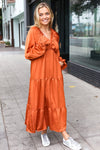 Explore More Collection - Elegant Rust Elastic V Neck Tiered Satin Maxi Dress