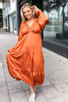 Explore More Collection - Elegant Rust Elastic V Neck Tiered Satin Maxi Dress