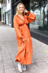 Explore More Collection - Elegant Rust Elastic V Neck Tiered Satin Maxi Dress