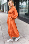 Explore More Collection - Elegant Rust Elastic V Neck Tiered Satin Maxi Dress