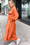 Explore More Collection - Elegant Rust Elastic V Neck Tiered Satin Maxi Dress