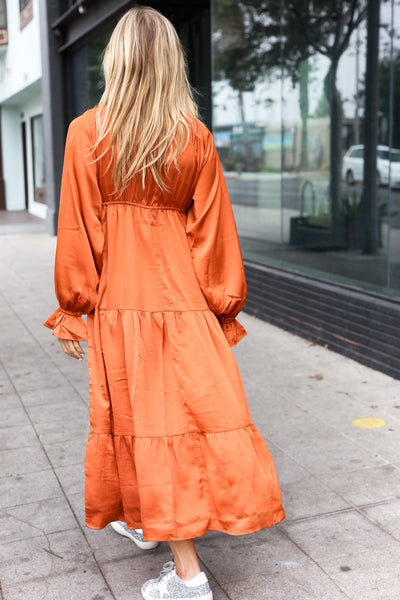 Explore More Collection - Elegant Rust Elastic V Neck Tiered Satin Maxi Dress