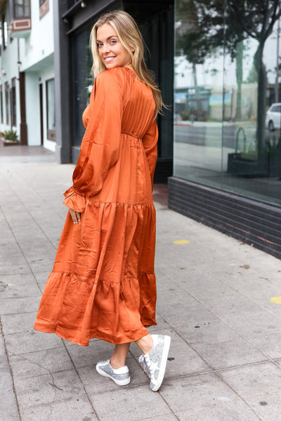 Explore More Collection - Elegant Rust Elastic V Neck Tiered Satin Maxi Dress