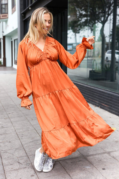 Explore More Collection - Elegant Rust Elastic V Neck Tiered Satin Maxi Dress