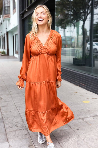 Explore More Collection - Elegant Rust Elastic V Neck Tiered Satin Maxi Dress