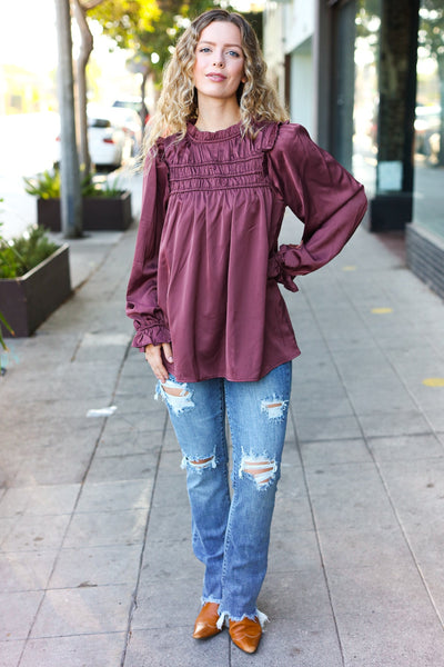 Explore More Collection - Be Your Best Wine Satin Shirred Yoke Frilled Mock Neck Top