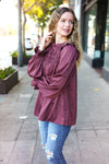 Explore More Collection - Be Your Best Wine Satin Shirred Yoke Frilled Mock Neck Top