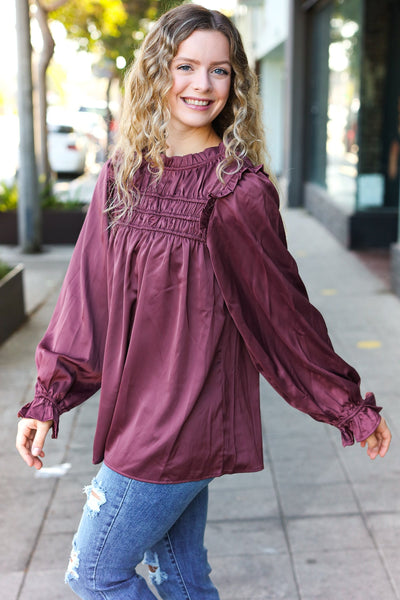 Explore More Collection - Be Your Best Wine Satin Shirred Yoke Frilled Mock Neck Top