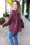 Explore More Collection - Be Your Best Wine Satin Shirred Yoke Frilled Mock Neck Top