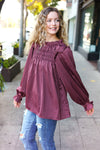 Explore More Collection - Be Your Best Wine Satin Shirred Yoke Frilled Mock Neck Top