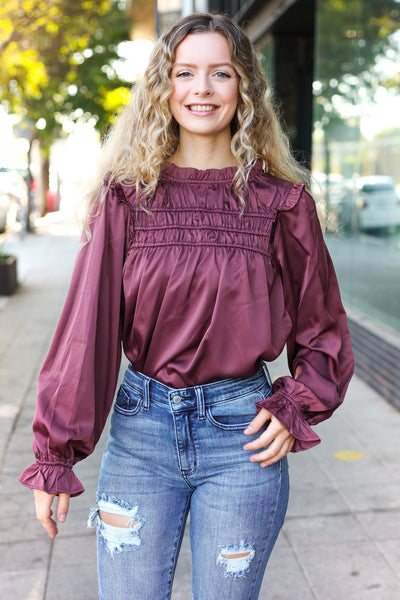 Explore More Collection - Be Your Best Wine Satin Shirred Yoke Frilled Mock Neck Top