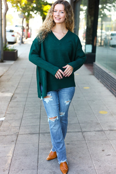 Explore More Collection - Casual Chic Hunter Green Oversized V Neck Rib Knit Sweater