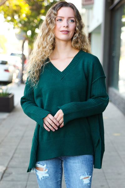 Explore More Collection - Casual Chic Hunter Green Oversized V Neck Rib Knit Sweater