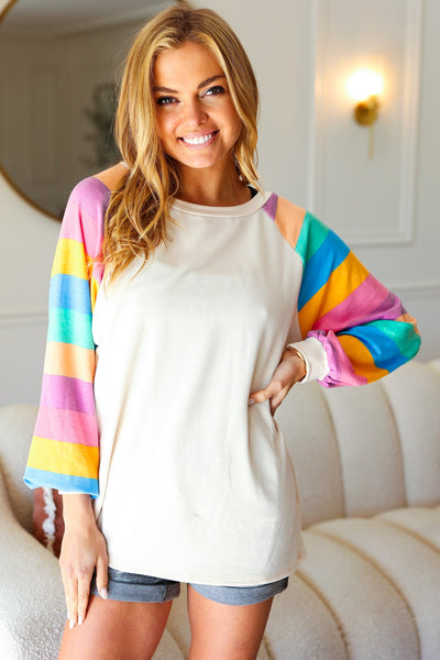 Explore More Collection - Rainbow Bubble Sleeve Terry Raglan Top